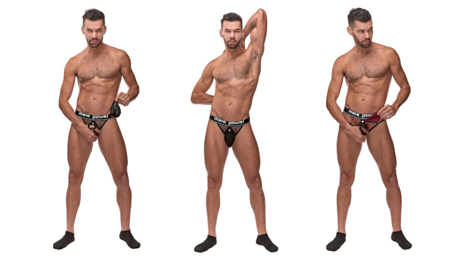 Male Power Cock Pit Net Cock Ring Jock Underwear with Snap Off Pouch in  Black