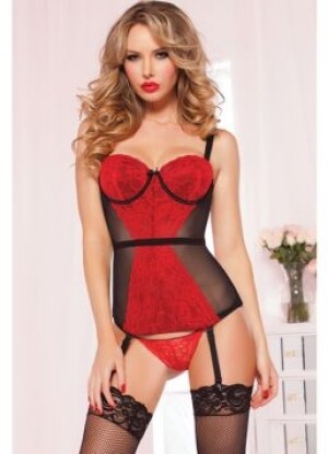 Holiday/Valentines Lace & Mesh Bustier w/Elastic Belt Detail, Adjustable Straps & Thong Red SM