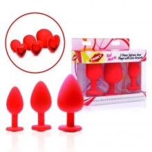 Frisky Red Hearts 3 Piece Silicone Anal Plugs with Gem Accents