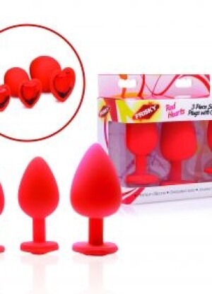 Frisky Red Hearts 3 Piece Silicone Anal Plugs with Gem Accents