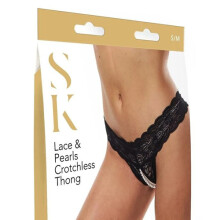 Secret Kisses Lace & Pearls Crotchless Thong