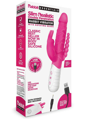 Rabbit Essentials Slim Realistic Double Penetration Rabbit Vibrator With Rotating Beads 