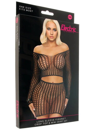 Long Sleeve Fishnet Crop Top & Mini Skirt Set 