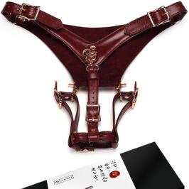 Wine Red Leather Forced Orgasm Wand Massager Harness Belt