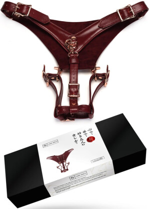 Wine Red Leather Forced Orgasm Wand Massager Harness Belt
